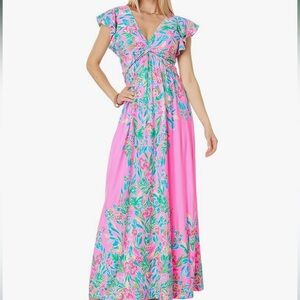 Lilly Pulitzer Verona Flutter Sleeve Maxi Dress 16 Havana Pink Casa Jaguar